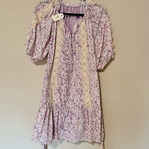 Just Me Floral Dress with Lace Accents - Purple and Cream